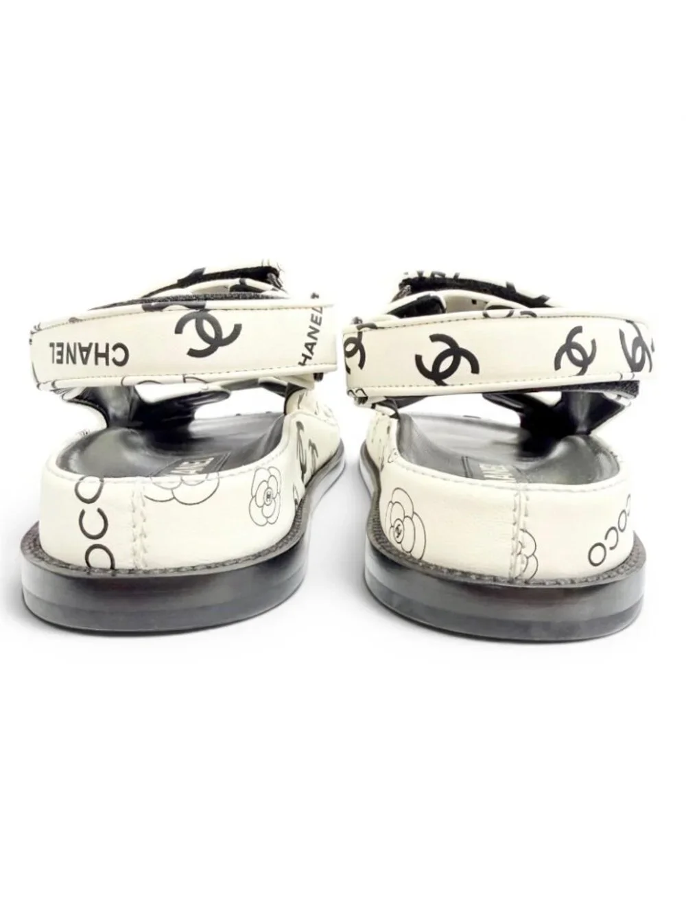 Chanel CC Logo Camellia Velcro Flat Leather Sandals White Black